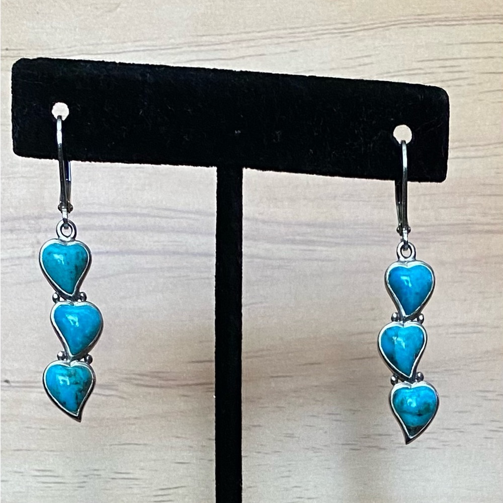 Turquoise And Sterling Triple Heart Leverback Earrings